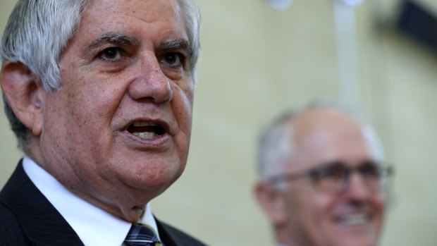 Former PM Malcolm Turnbull looks on as Minister for Indigenous Health Ken Wyatt speaks during a community event in Kalamunda earlier this month.