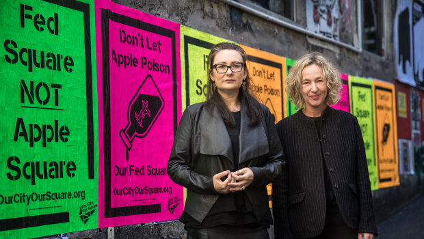 Tania Davidge and Sally Warhaft, who are part of a coalition opposed to the Apple store opening in Federation Square. 