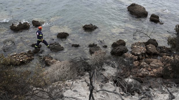 Rescuers search for people in the water along the coastline in Mati, Greece.