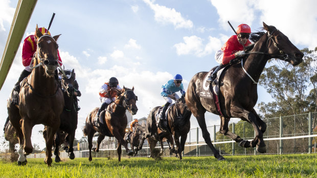 Sam Clipperton on Exoboom wins the Hawkesbury Guineas.