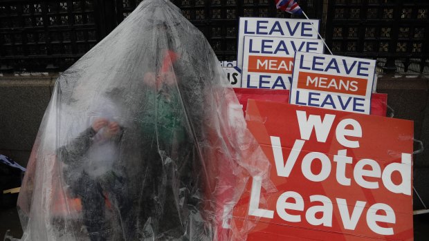 Pro-Brexit leave the European Union supporters take part in a protest in London.