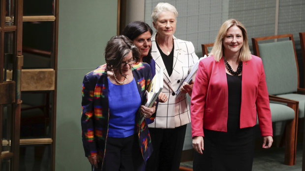 Crossbench MPs Cathy McGowan, Julia Banks, Kerryn Phelps and Rebekha Sharkie arrive for Question Time on Tuesday. 
