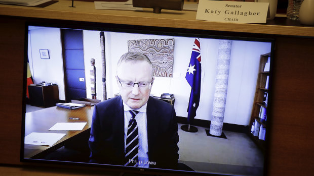 RBA governor Philip Lowe appears via video link during a Senate select committee hearing on COVID-19 at Parliament House.