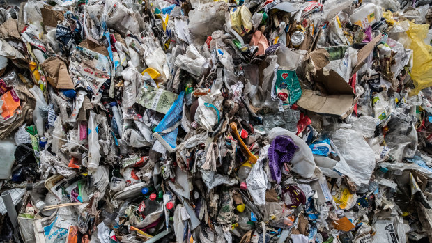 Bales of recyclable materials in the Derrimut warehouse.