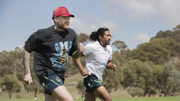 Blake Austin and Sia Soliola in a speed and agility course run by Andrew Heffernan.