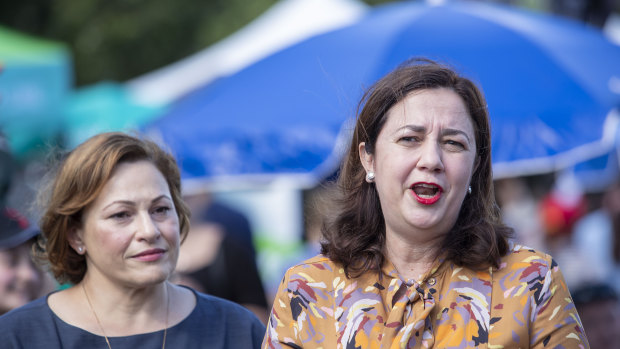 Queensland Premier Annastacia Palaszczuk (right) and Queensland Deputy Premier Jackie Trad speaking to reporters at the Greek Paniyiri Festival in Brisbane on Sunday.
