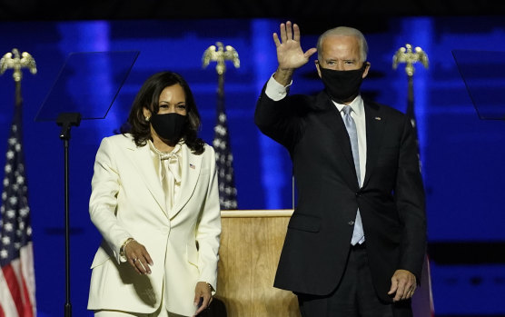 Joe Biden and Kamala Harris addressing  the world on Saturday night.