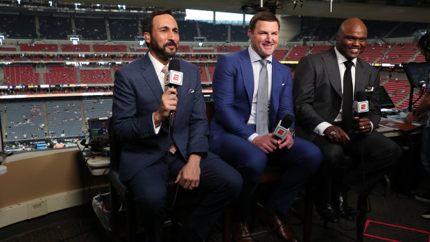 Primed: Joe Tessitore, Jason Witton and Anthony 'Booger' McFarland will call the Super Bowl on ESPN for Australian viewers.