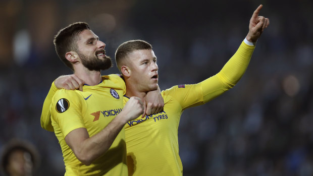 Chelsea's Ross Barkley (right) celebrates his goal with teammate Olivier Giroud.