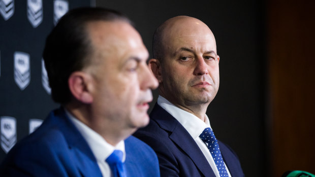 Todd Greenberg (right) and Peter V'landys aren't seeing eye to eye at the moment as discussion around the future leadership of the game heats up.