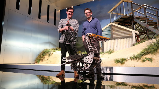 Queensland Theatre artistic director Sam Strong and Brisbane's Dead Puppet Society designer David Morton with Mr Percival.