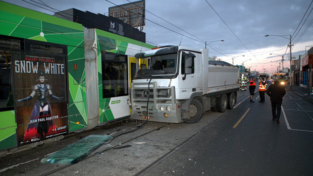 A truck at tram crash on Sydney road and Baxter street last year.