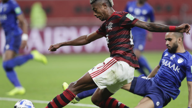 Flamengo's Bruno Henrique sets up a goal against Al Hilal at the Khalifa International Stadium in Doha, Qatar.