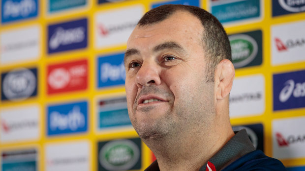 Michael Cheika fronts the media in Perth on Thursday. 