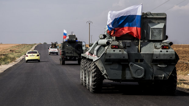 Russian military patrols near the Syria-Turkey border in north Syria.
