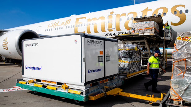 AstraZeneca’s COVID-19 vaccine arrives at Sydney airport on February 28.