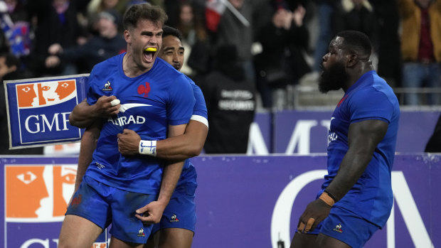 France’s Damian Penaud celebrates his try against the Wallabies.