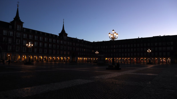 An empty Plaza Mayor square as the lockdown to combat the spread of coronavirus in downtown Madrid, Spain.