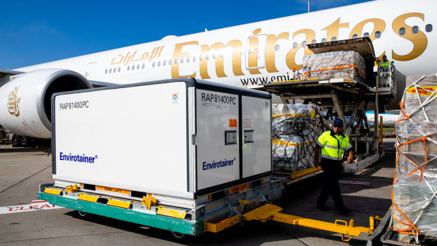 The first vials of the AstraZeneca COVID-19 vaccine arrive at Sydney Airport in February.
