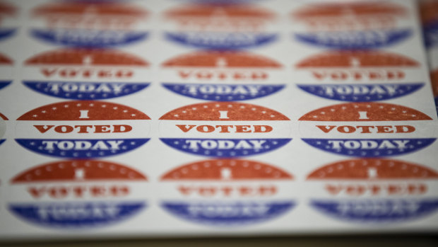 Stickers for voters casting their ballots in the Pennsylvania primary sit on a table in Philadelphia.