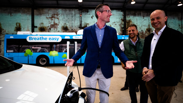Treasurer Dominic Perrottet, Minister for Transport and Roads Andrew Constance, and Minister for Energy and Environment Matt Kean at the EV policy launch in June.