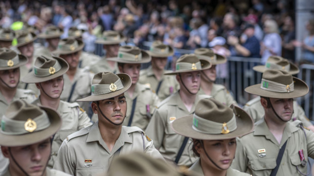 Soldiers march during the Anzac Day parade in Brisbane