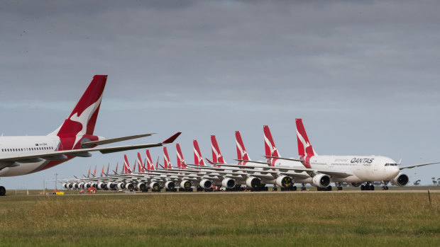Qantas planes grounded at Avalon Airport in April. 