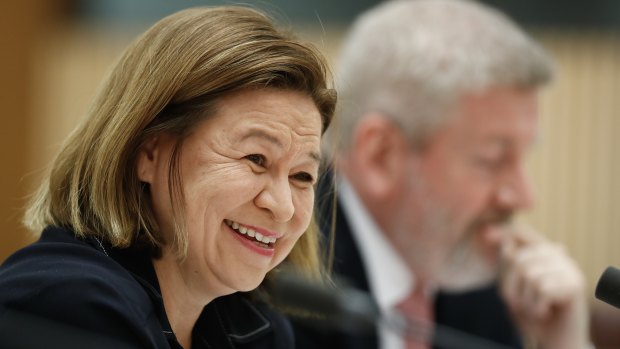 Michelle Guthrie and Mitch Fifield in happier times. 