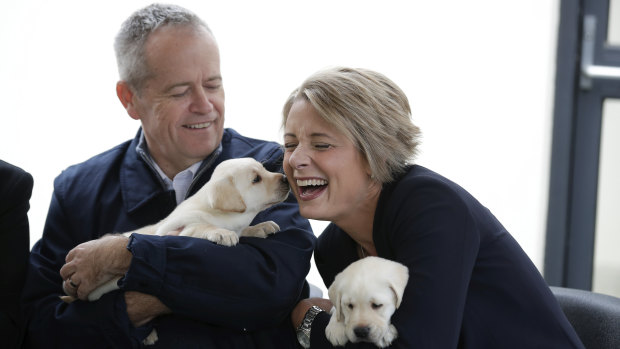 Opposition Leader Bill Shorten and Senator Kristina Keneally during a visit to Guide Dogs Victoria in Melbourne on Saturday. The facility is in Treasurer Josh Frydenberg's seat of Kooyong.