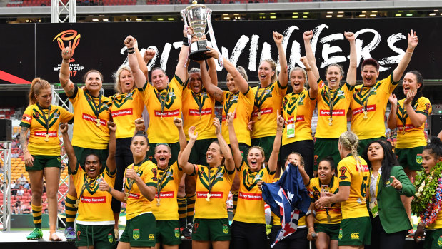 The Jillaroos celebrate winning the Women's Rugby League World Cup in 2017.