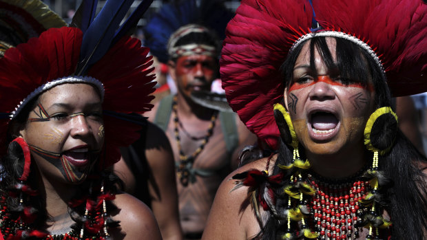 Indigenous women chant against the government of Brazil's President Jair Bolsonaro during a protest on the Day of Mobilisation of Indigenous Students in Brasilia earlier this month.