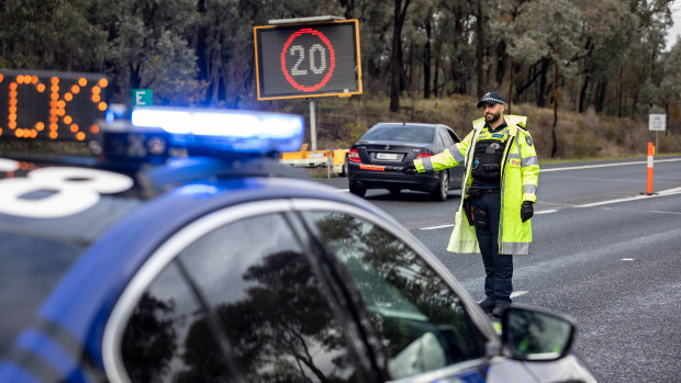 A Victoria Police checkpoint at Chiltern on the Hume Highway earlier this month.