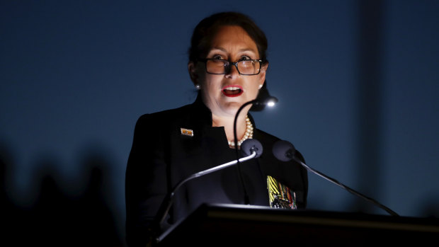 Retired Colonel Susan Neuhaus delivers the dawn service address at the Australian War Memorial.