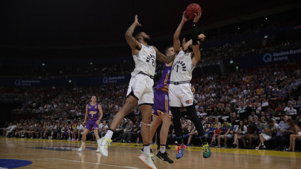 Off the boards: Melo Trimble takes possession for Melbourne United against the Kings at Qudos Bank Arena in Sydney.