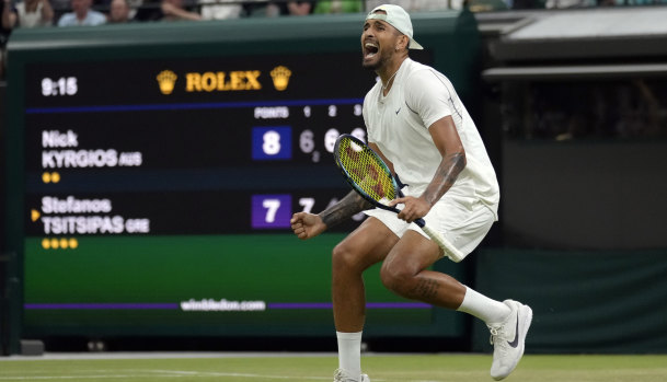 Nick Kyrgios celebrates after beating fourth seed Stefanos Tsitsipas at Wimbledon last year.