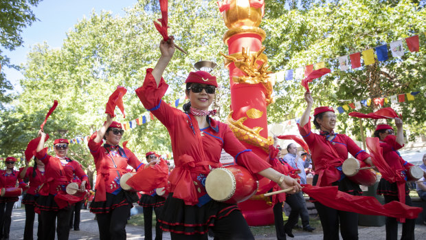 Members of the Federation of Chinese Community of Canberra Inc. perform on day one of the multicultural festival in Civic.