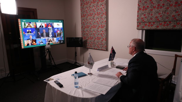 Prime Minister Scott Morrison taking part in the 2020 virtual G20 summit from The Lodge.