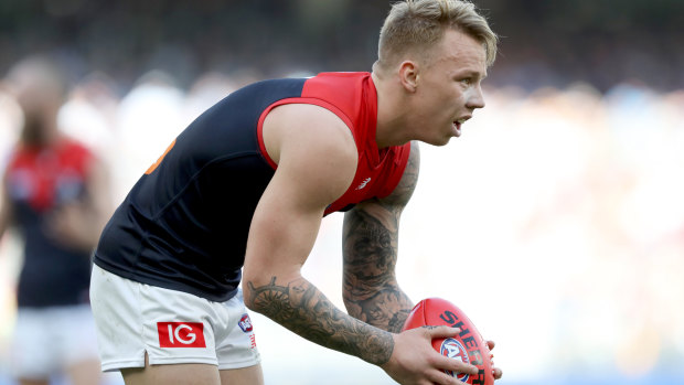 Lining up: James Harmes was one of nine goalkickers for Melbourne against West Coast in round 22 at Optus Stadium in Perth.