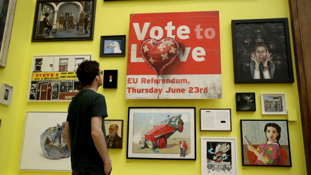 British artist Banksy's "Vote to Love" message over a UKIP placard is among the works in the Royal Academy of Arts' annual Summer Exhibition.