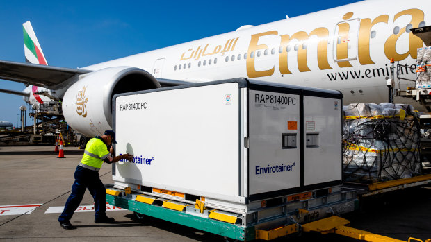 This shipment of AstraZeneca vaccines arrived at Sydney Airport from the UK and not Europe as first thought. 