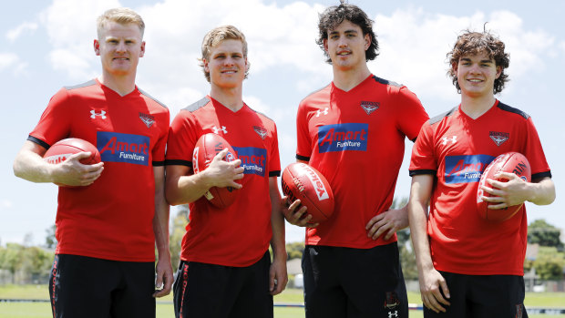 Essendon draftees Garrett McDonagh, Ben Hobbs, Patrick Voss, and Alastair Lord are hoping to make an impact at their new club.