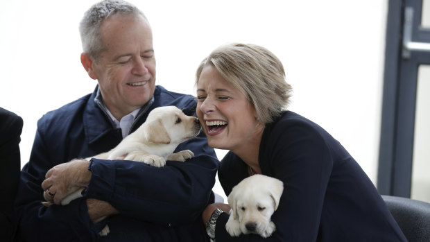 Opposition Leader Bill Shorten and Senator Kristina Keneally during a visit to Guide Dogs Victoria in Melbourne on Saturday.