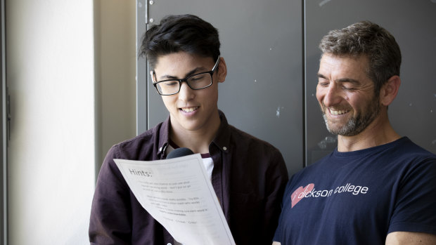 Jackson Houng auditioning to be the voice of Canberra's light rail with the help of teacher Lex Warfield.