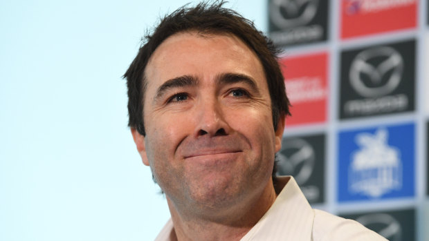 Moving on: Brad Scott addresses the media during a press conference at Arden Street Oval, North Melbourne. 