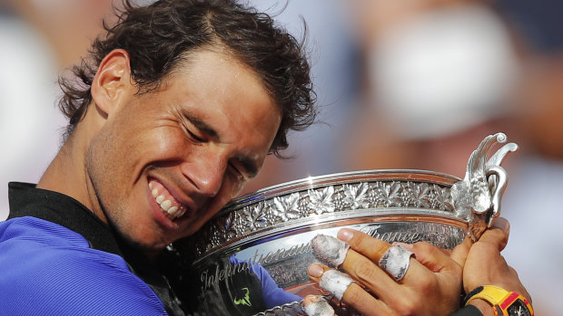 Rafael Nadal celebrates after his 10th French Open title in 2017.