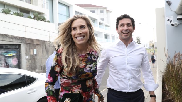 Claire and Ryan Stokes arrive at Sarah and Lachlan Murdoch’s 20th anniversary party at Bondi Icebergs on Friday.