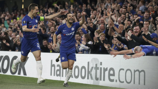 Chelsea's Pedro (centre) celebrates a goal in their Europa League match.