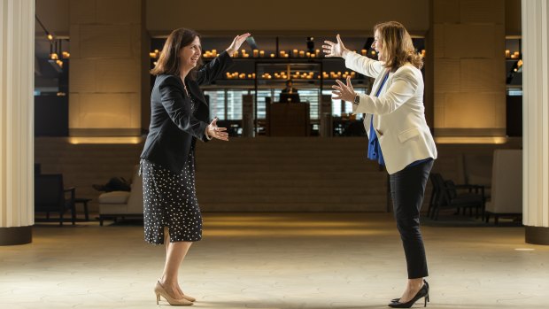 Hyatt Regency general manager Jane Lyons (left) said people were asking permission about how to greet each other.