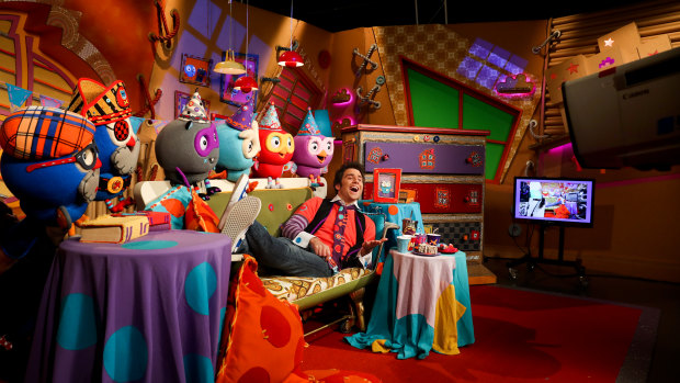 Jimmy Giggle (James Rees) and puppeteers on the set of the show's final taping on Thursday.