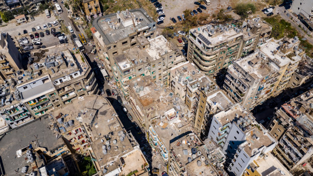 An aerial view of buildings heavily damaged in Tuesday's explosion.